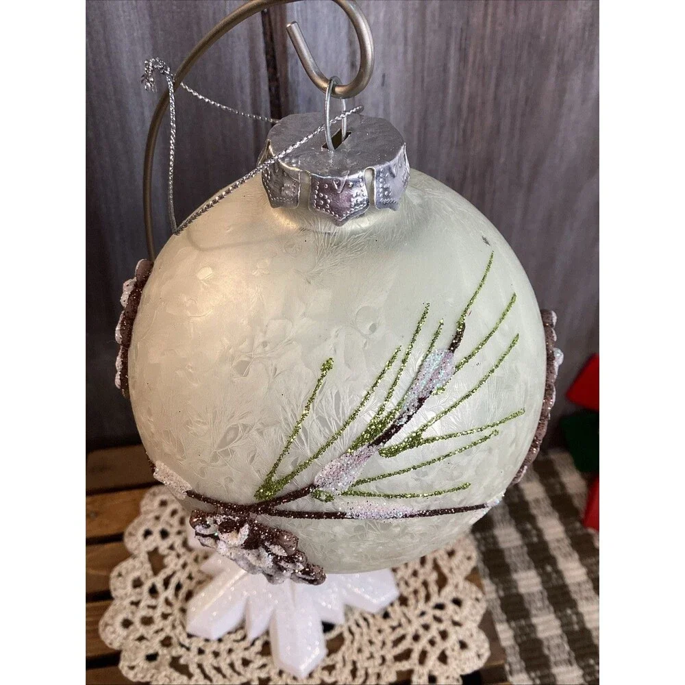 Beautiful White Glittery Christmas Large Glass Ball Ornament With Pine Cones